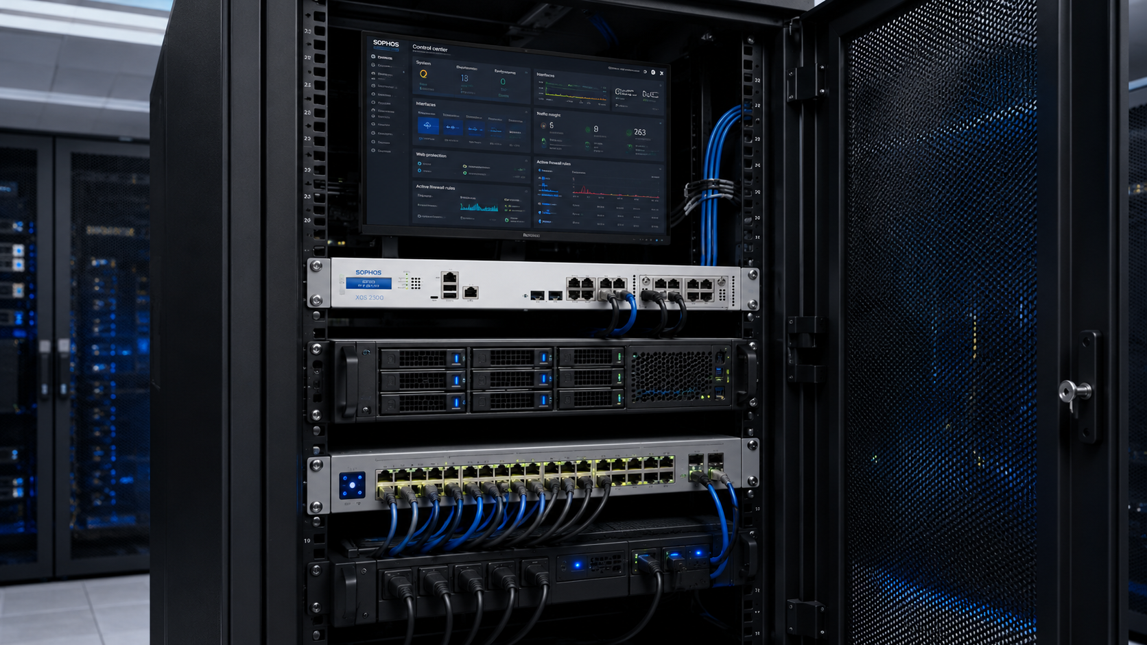 Serverraum mit Firewall, Server und Netzwerk